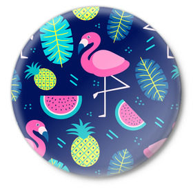 Значок с принтом Фламинго в Кировске,  металл | круглая форма, металлическая застежка в виде булавки | Тематика изображения на принте: flamingo | ананас | арбуз | летние | летняя | лето | листья | текстура | фламинго | фрукты