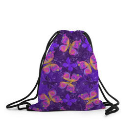 Рюкзак-мешок 3D с принтом Розовые бабочки в Кировске, 100% полиэстер | плотность ткани — 200 г/м2, размер — 35 х 45 см; лямки — толстые шнурки, застежка на шнуровке, без карманов и подкладки | butterflies | бабочки | паттерн | розовый | фиолетовый