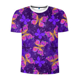 Мужская футболка 3D спортивная с принтом Розовые бабочки в Кировске, 100% полиэстер с улучшенными характеристиками | приталенный силуэт, круглая горловина, широкие плечи, сужается к линии бедра | Тематика изображения на принте: butterflies | бабочки | паттерн | розовый | фиолетовый