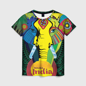Женская футболка 3D с принтом Мама Индия в Кировске, 100% полиэфир ( синтетическое хлопкоподобное полотно) | прямой крой, круглый вырез горловины, длина до линии бедер | Тематика изображения на принте: ганеша | гималаи | индия | йога | кислота | практика | психоделика | слон | ярко