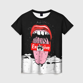 Женская футболка 3D с принтом Exclusive в Кировске, 100% полиэфир ( синтетическое хлопкоподобное полотно) | прямой крой, круглый вырез горловины, длина до линии бедер | exclusive | rip n dip | губы | кот | суприм | язык