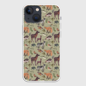 Чехол для iPhone 13 mini с принтом Wild animals в Кировске,  |  | animals | deer | forest | fox | nature | wild nature | дикие животные | ёжик | лес | лиса | олень | природа | рыба