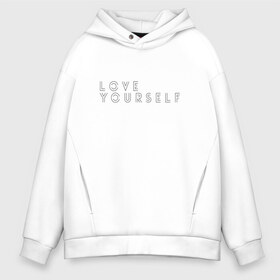 Мужское худи Oversize хлопок с принтом LOVE YOURSELF_2 в Кировске, френч-терри — 70% хлопок, 30% полиэстер. Мягкий теплый начес внутри —100% хлопок | боковые карманы, эластичные манжеты и нижняя кромка, капюшон на магнитной кнопке | bangtan boys | bts | бантаны | бтс