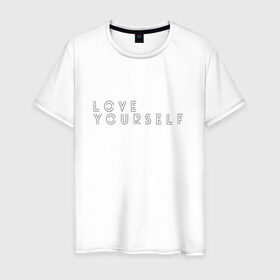 Мужская футболка хлопок с принтом LOVE YOURSELF_2 в Кировске, 100% хлопок | прямой крой, круглый вырез горловины, длина до линии бедер, слегка спущенное плечо. | Тематика изображения на принте: bangtan boys | bts | бантаны | бтс