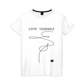 Женская футболка хлопок с принтом LOVE YOURSELF _ в Кировске, 100% хлопок | прямой крой, круглый вырез горловины, длина до линии бедер, слегка спущенное плечо | bangtan boys | bts | бантаны | бтс