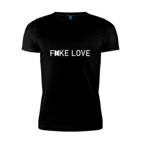 Мужская футболка премиум с принтом FAKE LOVE_ в Кировске, 92% хлопок, 8% лайкра | приталенный силуэт, круглый вырез ворота, длина до линии бедра, короткий рукав | Тематика изображения на принте: bangtan boys | bts | бантаны | бтс