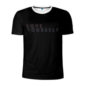 Мужская футболка 3D спортивная с принтом LOVE YOURSELF_5 в Кировске, 100% полиэстер с улучшенными характеристиками | приталенный силуэт, круглая горловина, широкие плечи, сужается к линии бедра | Тематика изображения на принте: bangtan boys | bts | бантаны | бтс