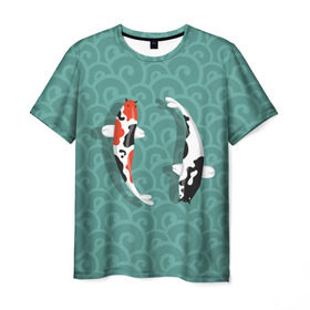 Мужская футболка 3D с принтом Японские рыбки в Кировске, 100% полиэфир | прямой крой, круглый вырез горловины, длина до линии бедер | Тематика изображения на принте: карпы | кои | рыбы | япония
