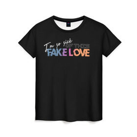 Женская футболка 3D с принтом FAKE LOVE в Кировске, 100% полиэфир ( синтетическое хлопкоподобное полотно) | прямой крой, круглый вырез горловины, длина до линии бедер | bangtan boys | bts | бантаны | бтс