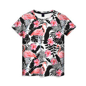Женская футболка 3D с принтом Pattern Flamingo в Кировске, 100% полиэфир ( синтетическое хлопкоподобное полотно) | прямой крой, круглый вырез горловины, длина до линии бедер | Тематика изображения на принте: 