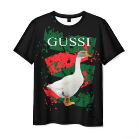 Мужская футболка 3D с принтом Gussi в Кировске, 100% полиэфир | прямой крой, круглый вырез горловины, длина до линии бедер | gucci | gussi ga ga ga | gussi gang | бренд | гусь | птица