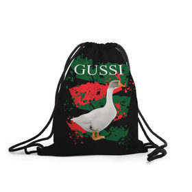 Рюкзак-мешок 3D с принтом Gussi в Кировске, 100% полиэстер | плотность ткани — 200 г/м2, размер — 35 х 45 см; лямки — толстые шнурки, застежка на шнуровке, без карманов и подкладки | Тематика изображения на принте: gucci | gussi ga ga ga | gussi gang | бренд | гусь | птица