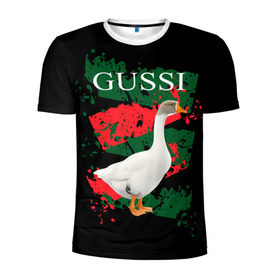 Мужская футболка 3D спортивная с принтом Gussi в Кировске, 100% полиэстер с улучшенными характеристиками | приталенный силуэт, круглая горловина, широкие плечи, сужается к линии бедра | gucci | gussi ga ga ga | gussi gang | бренд | гусь | птица