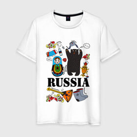 Мужская футболка хлопок с принтом Россия в Кировске, 100% хлопок | прямой крой, круглый вырез горловины, длина до линии бедер, слегка спущенное плечо. | Тематика изображения на принте: балалайка | матрёшка | медведь | россия | стереотипы