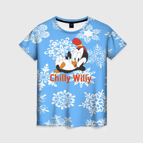 Женская футболка 3D с принтом Chilly Willy в Кировске, 100% полиэфир ( синтетическое хлопкоподобное полотно) | прямой крой, круглый вырез горловины, длина до линии бедер | chilly | chilly willy | арт | животные | милые | мультфильмы | пингвины | снежинки | текстура | чилли вилли