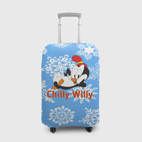 Чехол для чемодана 3D с принтом Chilly Willy в Кировске, 86% полиэфир, 14% спандекс | двустороннее нанесение принта, прорези для ручек и колес | Тематика изображения на принте: chilly | chilly willy | арт | животные | милые | мультфильмы | пингвины | снежинки | текстура | чилли вилли
