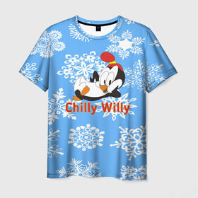 Мужская футболка 3D с принтом Chilly Willy в Кировске, 100% полиэфир | прямой крой, круглый вырез горловины, длина до линии бедер | chilly | chilly willy | арт | животные | милые | мультфильмы | пингвины | снежинки | текстура | чилли вилли