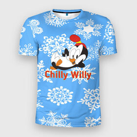 Мужская футболка 3D спортивная с принтом Chilly Willy в Кировске, 100% полиэстер с улучшенными характеристиками | приталенный силуэт, круглая горловина, широкие плечи, сужается к линии бедра | chilly | chilly willy | арт | животные | милые | мультфильмы | пингвины | снежинки | текстура | чилли вилли