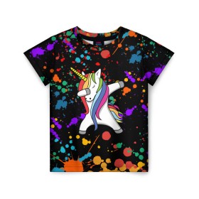 Детская футболка 3D с принтом ЕДИНОРОГ РАДУГА (ЧЕРНЫЙ) в Кировске, 100% гипоаллергенный полиэфир | прямой крой, круглый вырез горловины, длина до линии бедер, чуть спущенное плечо, ткань немного тянется | color | dab | pony | rainbow | unicornis dab | брызги | даб | единорог | единорог радуга | животные | краски | красочные | ляпистые | пони | радуга | цвета радуги