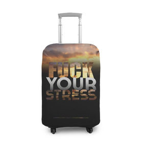 Чехол для чемодана 3D с принтом Fuck Your Stress в Кировске, 86% полиэфир, 14% спандекс | двустороннее нанесение принта, прорези для ручек и колес | black | orange | palm trees | stress | sunset | yellow | your | желтый | закат | оранжевый | пальмы | стресс | твой | черный