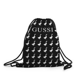 Рюкзак-мешок 3D с принтом Gussi Black в Кировске, 100% полиэстер | плотность ткани — 200 г/м2, размер — 35 х 45 см; лямки — толстые шнурки, застежка на шнуровке, без карманов и подкладки | gucci | gussi ga ga ga | gussi gang | бренд | гусь | птица