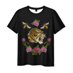 Мужская футболка 3D с принтом GG Tiger в Кировске, 100% полиэфир | прямой крой, круглый вырез горловины, длина до линии бедер | bee | brand | flower | flowers | gg | ggang | gucci | guccigang | tiger | вышивка | гг | гуччи | пчела | пчелы | тигр | цветок | цветы