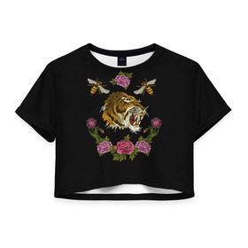 Женская футболка 3D укороченная с принтом GG Tiger в Кировске, 100% полиэстер | круглая горловина, длина футболки до линии талии, рукава с отворотами | bee | brand | flower | flowers | gg | ggang | gucci | guccigang | tiger | вышивка | гг | гуччи | пчела | пчелы | тигр | цветок | цветы