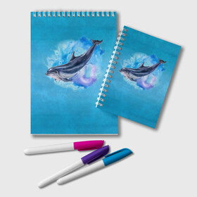 Блокнот с принтом Дельфин в Кировске, 100% бумага | 48 листов, плотность листов — 60 г/м2, плотность картонной обложки — 250 г/м2. Листы скреплены удобной пружинной спиралью. Цвет линий — светло-серый
 | Тематика изображения на принте: dolphin | акварель | дельфин | море | морские млекопитающие | океан | синий