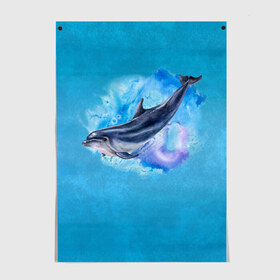 Постер с принтом Дельфин в Кировске, 100% бумага
 | бумага, плотность 150 мг. Матовая, но за счет высокого коэффициента гладкости имеет небольшой блеск и дает на свету блики, но в отличии от глянцевой бумаги не покрыта лаком | dolphin | акварель | дельфин | море | морские млекопитающие | океан | синий