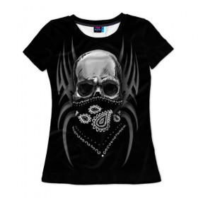 Женская футболка 3D с принтом Череп в бандане Tatto style в Кировске, 100% полиэфир ( синтетическое хлопкоподобное полотно) | прямой крой, круглый вырез горловины, длина до линии бедер | 