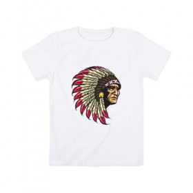 Детская футболка хлопок с принтом Индеец в Кировске, 100% хлопок | круглый вырез горловины, полуприлегающий силуэт, длина до линии бедер | америка | американец | индеец | индейцы | коренной американец | перья | с индейцом | сша | хипстер