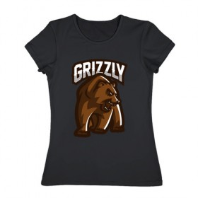 Женская футболка хлопок с принтом Медведь Гризли в Кировске, 100% хлопок | прямой крой, круглый вырез горловины, длина до линии бедер, слегка спущенное плечо | 