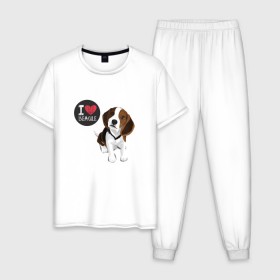Мужская пижама хлопок с принтом Я люблю Бигля в Кировске, 100% хлопок | брюки и футболка прямого кроя, без карманов, на брюках мягкая резинка на поясе и по низу штанин
 | Тематика изображения на принте: beagle | бигли | бигль | с биглем | с обакой | собака | собаки | собачки