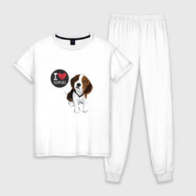 Женская пижама хлопок с принтом Я люблю Бигля в Кировске, 100% хлопок | брюки и футболка прямого кроя, без карманов, на брюках мягкая резинка на поясе и по низу штанин | beagle | бигли | бигль | с биглем | с обакой | собака | собаки | собачки
