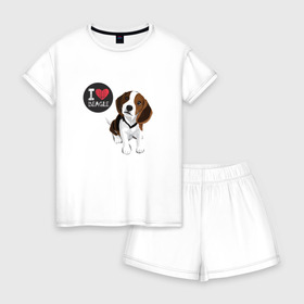 Женская пижама с шортиками хлопок с принтом Я люблю Бигля в Кировске, 100% хлопок | футболка прямого кроя, шорты свободные с широкой мягкой резинкой | beagle | бигли | бигль | с биглем | с обакой | собака | собаки | собачки