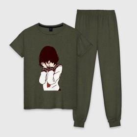 Женская пижама хлопок с принтом MIRRORS Sad Japanese Aesthetic в Кировске, 100% хлопок | брюки и футболка прямого кроя, без карманов, на брюках мягкая резинка на поясе и по низу штанин | 