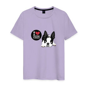Мужская футболка хлопок с принтом Я люблю Бостон Терьер в Кировске, 100% хлопок | прямой крой, круглый вырез горловины, длина до линии бедер, слегка спущенное плечо. | boston | бостон терьер | с собакой | собака | собаки | собачка | я люблю