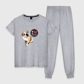 Женская пижама хлопок с принтом Я люблю Бульдога в Кировске, 100% хлопок | брюки и футболка прямого кроя, без карманов, на брюках мягкая резинка на поясе и по низу штанин | bulldog | бульдог | с бульдогом | с собакой | собака | собаки | я люблю