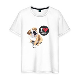 Мужская футболка хлопок с принтом Я люблю Бульдога в Кировске, 100% хлопок | прямой крой, круглый вырез горловины, длина до линии бедер, слегка спущенное плечо. | bulldog | бульдог | с бульдогом | с собакой | собака | собаки | я люблю