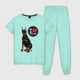 Женская пижама хлопок с принтом Я люблю Добермана в Кировске, 100% хлопок | брюки и футболка прямого кроя, без карманов, на брюках мягкая резинка на поясе и по низу штанин | доберман | с доберманом | собака | собаки | собачки | я люблю