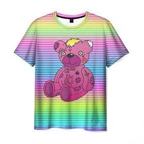 Мужская футболка 3D с принтом Мишка Lil Peep в Кировске, 100% полиэфир | прямой крой, круглый вырез горловины, длина до линии бедер | gbc | hip hop | lil peep | love | pink | rap | лил пип | лилпип | медведь | медвежонок | мишка | реп | розовый | рэп | тату | трэп | хип хоп | эмо