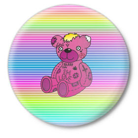 Значок с принтом Мишка Lil Peep в Кировске,  металл | круглая форма, металлическая застежка в виде булавки | gbc | hip hop | lil peep | love | pink | rap | лил пип | лилпип | медведь | медвежонок | мишка | реп | розовый | рэп | тату | трэп | хип хоп | эмо