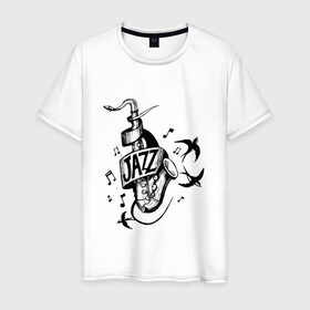 Мужская футболка хлопок с принтом JAZZ в Кировске, 100% хлопок | прямой крой, круглый вырез горловины, длина до линии бедер, слегка спущенное плечо. | Тематика изображения на принте: саксофон | саксофонист