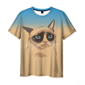 Мужская футболка 3D с принтом Grumpy cat ART в Кировске, 100% полиэфир | прямой крой, круглый вырез горловины, длина до линии бедер | cat | grumpy | грустный кот | киса | кот | котэ | котяра | кошка | мем | сердитый кот