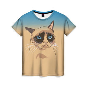 Женская футболка 3D с принтом Grumpy cat ART в Кировске, 100% полиэфир ( синтетическое хлопкоподобное полотно) | прямой крой, круглый вырез горловины, длина до линии бедер | cat | grumpy | грустный кот | киса | кот | котэ | котяра | кошка | мем | сердитый кот
