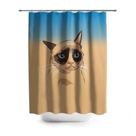 Штора 3D для ванной с принтом Grumpy cat ART в Кировске, 100% полиэстер | плотность материала — 100 г/м2. Стандартный размер — 146 см х 180 см. По верхнему краю — пластиковые люверсы для креплений. В комплекте 10 пластиковых колец | cat | grumpy | грустный кот | киса | кот | котэ | котяра | кошка | мем | сердитый кот