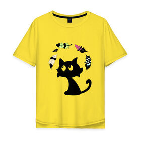 Мужская футболка хлопок Oversize с принтом Котик и перья в Кировске, 100% хлопок | свободный крой, круглый ворот, “спинка” длиннее передней части | воздушный | девушкам. детям | животное | забавный | кот | котейка | котёнок | котик | кошка | летать | милый | перо | пёрышко | чёрный кот