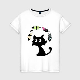Женская футболка хлопок с принтом Котик и перья в Кировске, 100% хлопок | прямой крой, круглый вырез горловины, длина до линии бедер, слегка спущенное плечо | воздушный | девушкам. детям | животное | забавный | кот | котейка | котёнок | котик | кошка | летать | милый | перо | пёрышко | чёрный кот