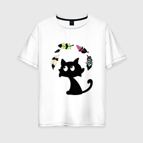 Женская футболка хлопок Oversize с принтом Котик и перья в Кировске, 100% хлопок | свободный крой, круглый ворот, спущенный рукав, длина до линии бедер
 | воздушный | девушкам. детям | животное | забавный | кот | котейка | котёнок | котик | кошка | летать | милый | перо | пёрышко | чёрный кот