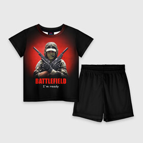 Детский костюм с шортами 3D с принтом BATTLEFIELD в Кировске,  |  | Тематика изображения на принте: battlefield | воин | война | игрок | оружие | солдат | шутер